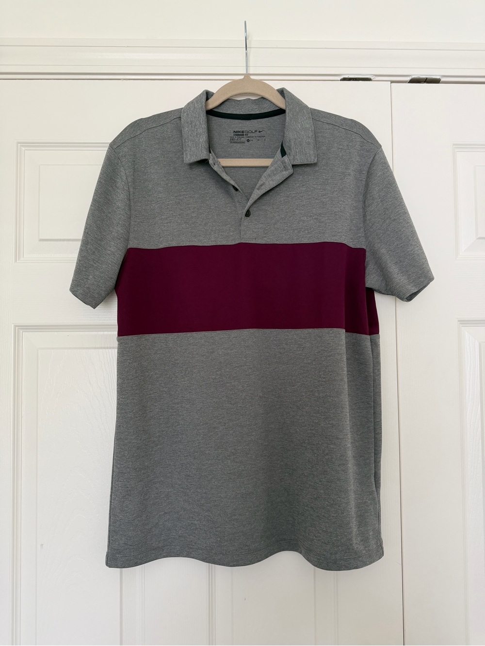 Nike Men's Gray Polo with Burgundy Chest Stripe
